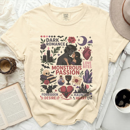 Dark Romance Monstrous Passion t-shirt with gothic heart and skull graphics.