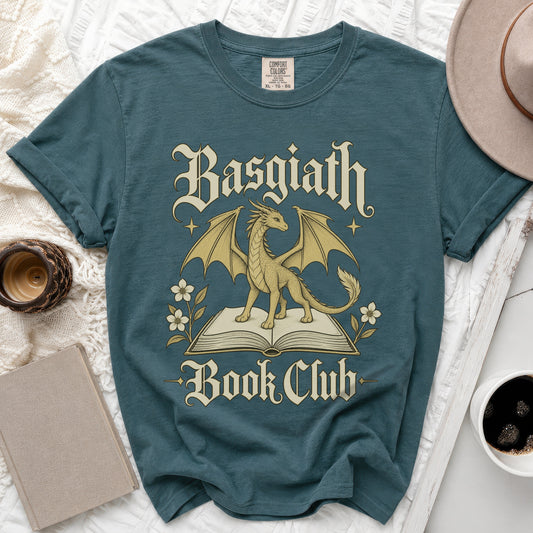 Teal t-shirt with a gold dragon on an open book and "Basgiath Book Club" text.