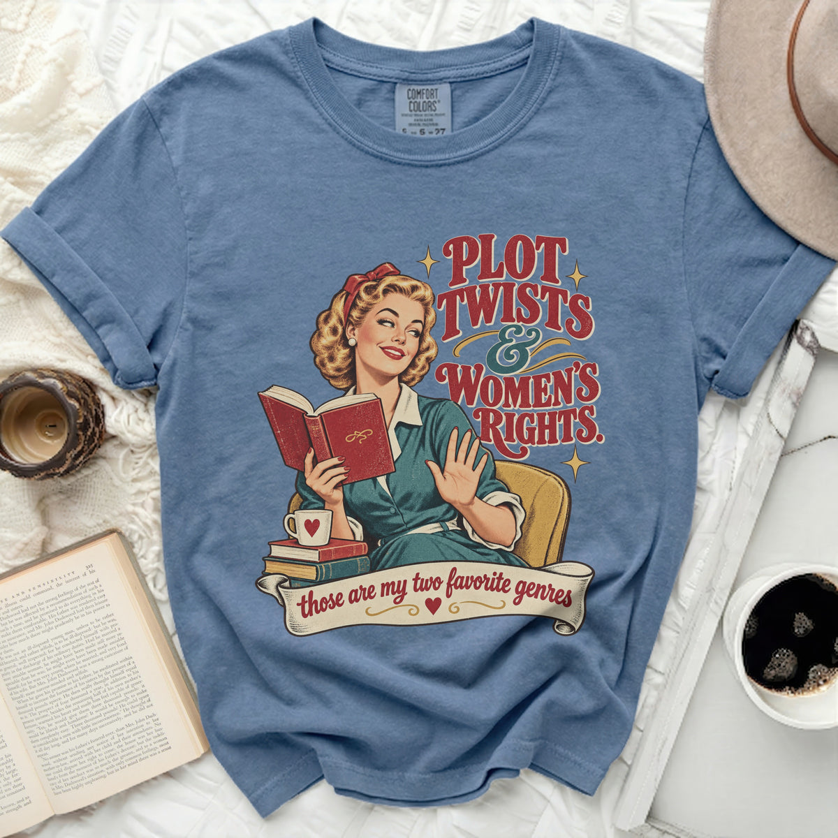 T-shirt graphic with retro woman reading, "Plot Twists & Women's Rights" and "those are my two favorite genres."