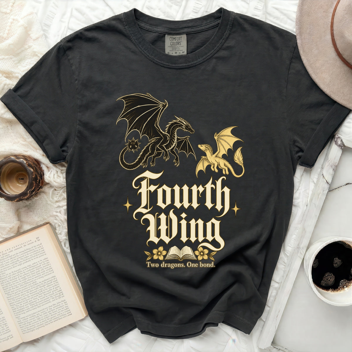 Black t-shirt with "Fourth Wing" text and two dragons.