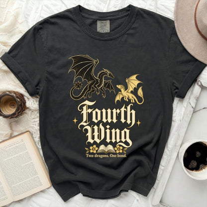 Black t-shirt with "Fourth Wing" text and two dragons.