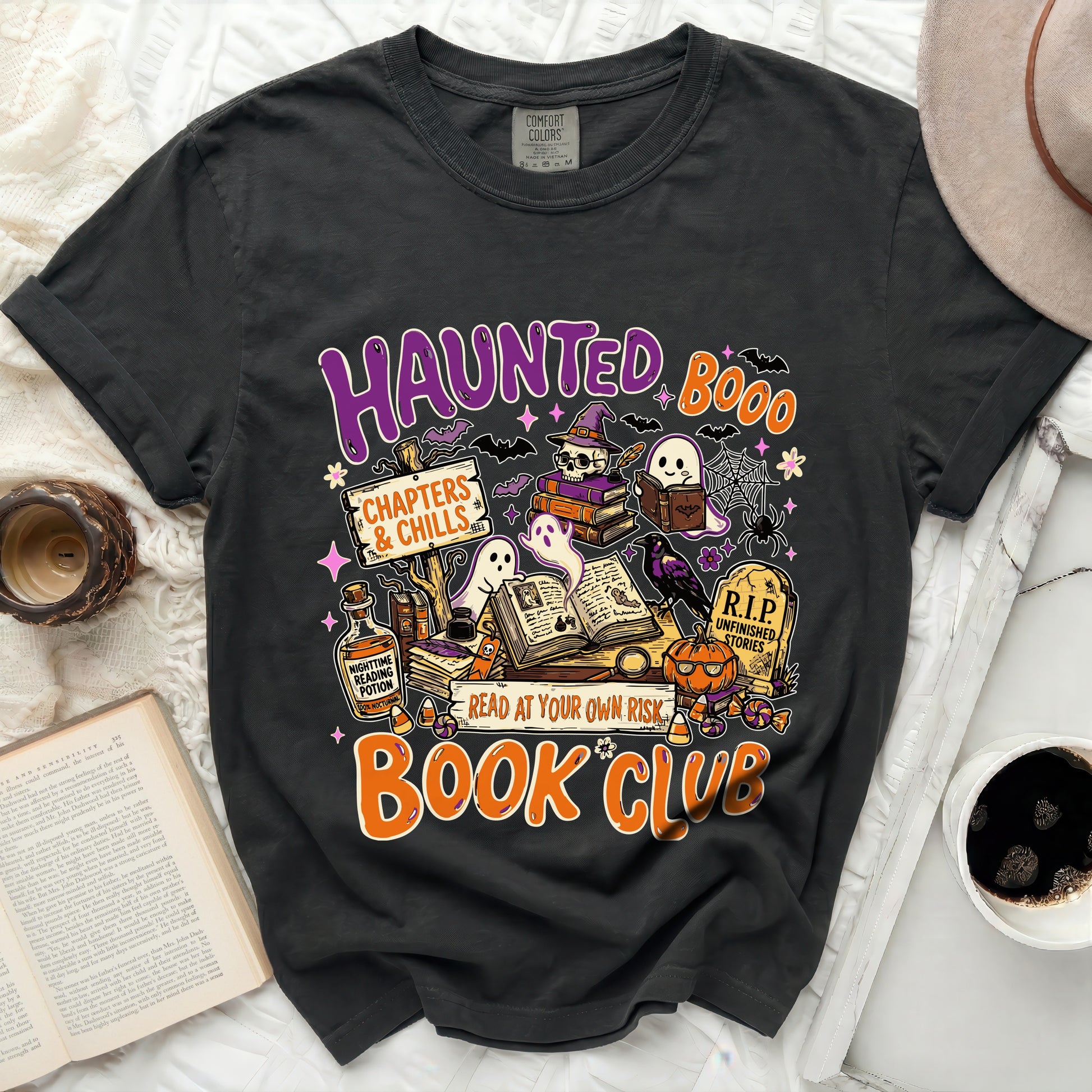 Haunted Book Club t-shirt with Halloween-themed illustrations and text.