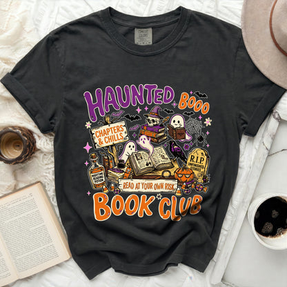 Haunted Book Club t-shirt with Halloween-themed illustrations and text.