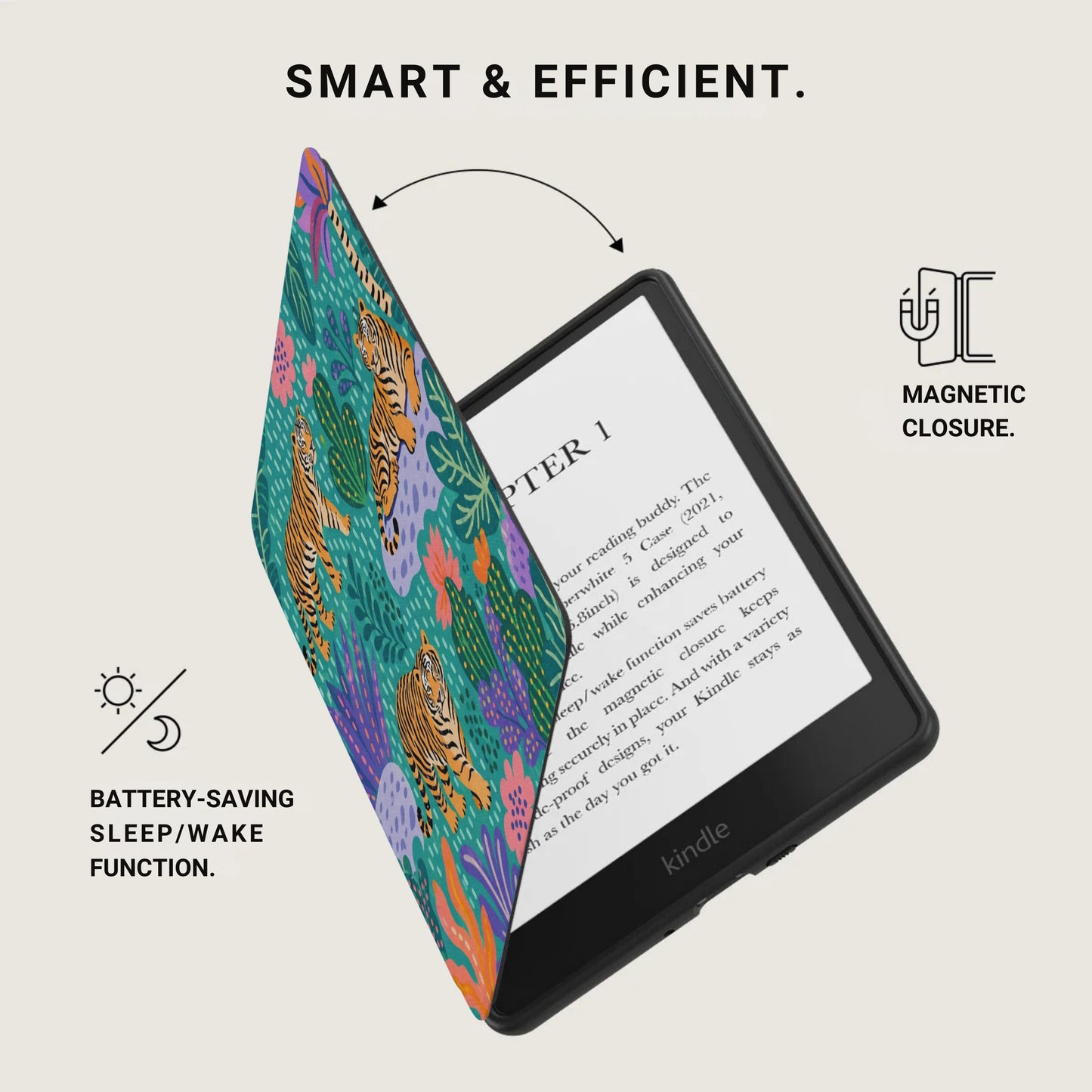 E-reader with tiger print cover, magnetic closure, and battery-saving sleep/wake function.