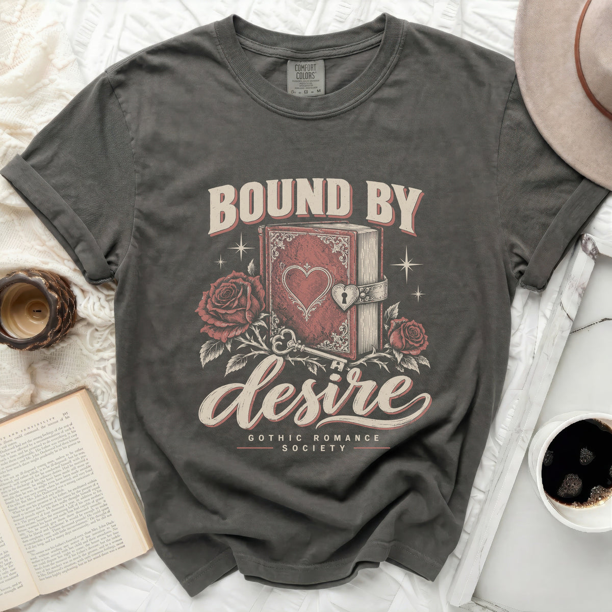 Grey Comfort Colors t-shirt with "Bound by Desire Gothic Romance Society" graphic.