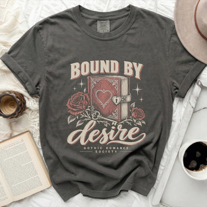 Grey Comfort Colors t-shirt with "Bound by Desire Gothic Romance Society" graphic.