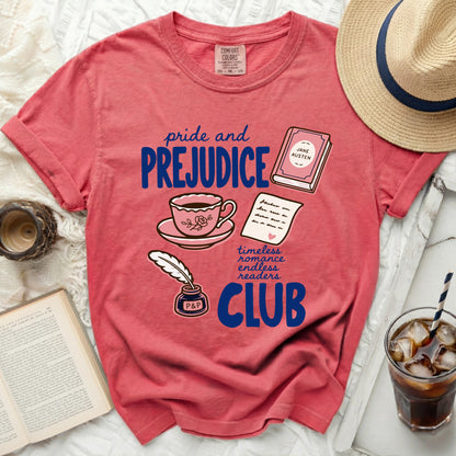 Pink t-shirt with "Pride and Prejudice Club" literary design.