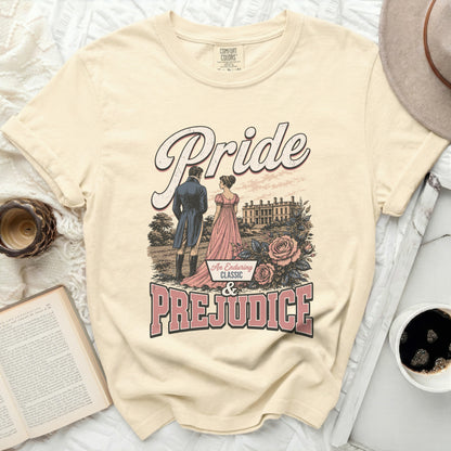 Pale yellow t-shirt with "Pride & Prejudice" graphic.