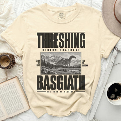 Cream t-shirt with black text and dragon graphic: "THRESHING RIDERS QUADRANT BASGIATH THE BONDING SESSIONS".
