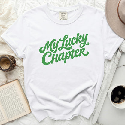 White t-shirt with green text reading "My Lucky Chapter".