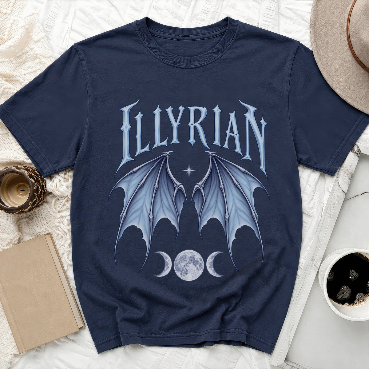 Navy t-shirt with "ILLYRIAN" text, bat wings, and triple moon phases.