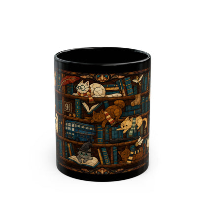 Black mug with a stained-glass pattern of cats on bookshelves and magical items.