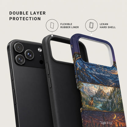 Diagram highlighting a phone case's dual-layer construction with a flexible rubber liner and Lexan hard shell.