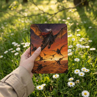 A winged figure leads a flight of dragons through a fiery, alien landscape.