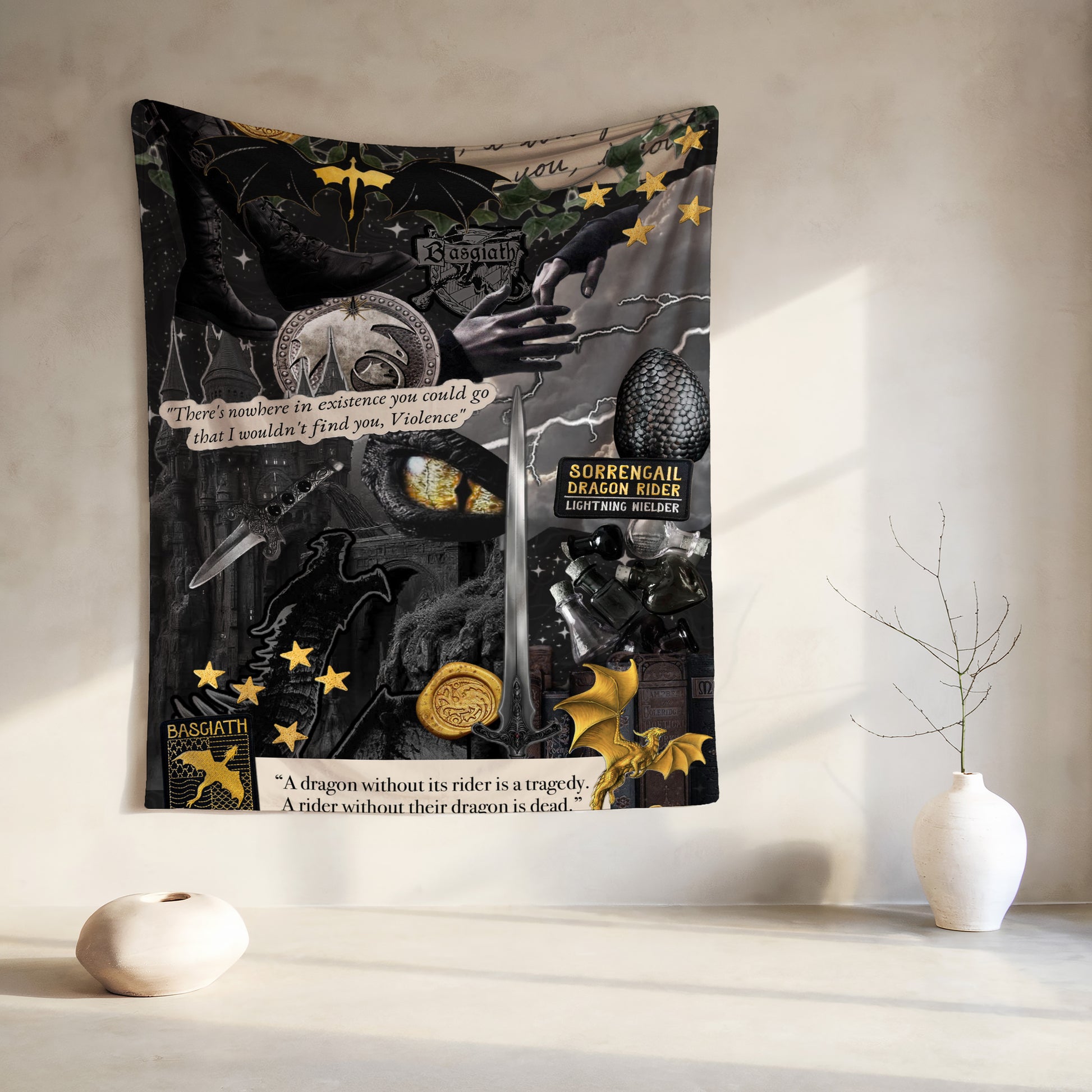 Tapestry collage with dragons, swords, quote: "A dragon without its rider is a tragedy."