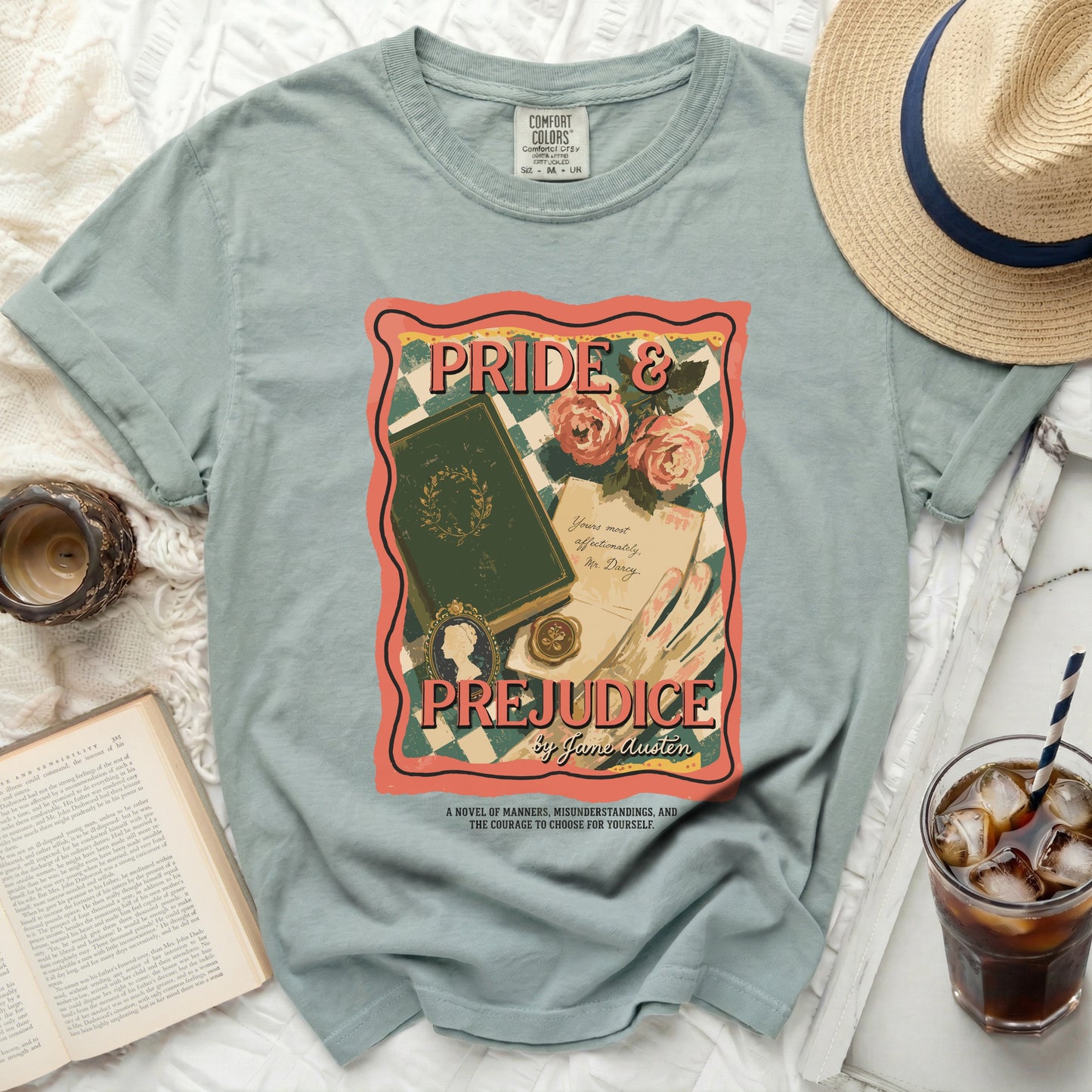 Pride & Prejudice by Jane Austen t-shirt with vintage book cover design.