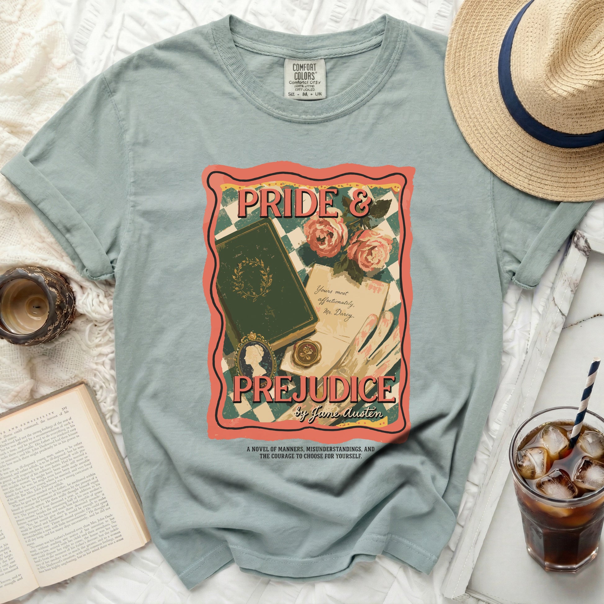 Pride & Prejudice by Jane Austen t-shirt with vintage book cover design.