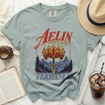 Aelin Crown of Flame t-shirt with sword, crown, mountains, and trees graphic.