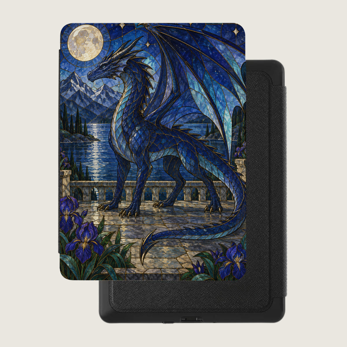Blue stained glass dragon with a moonlit landscape on an e-reader case.