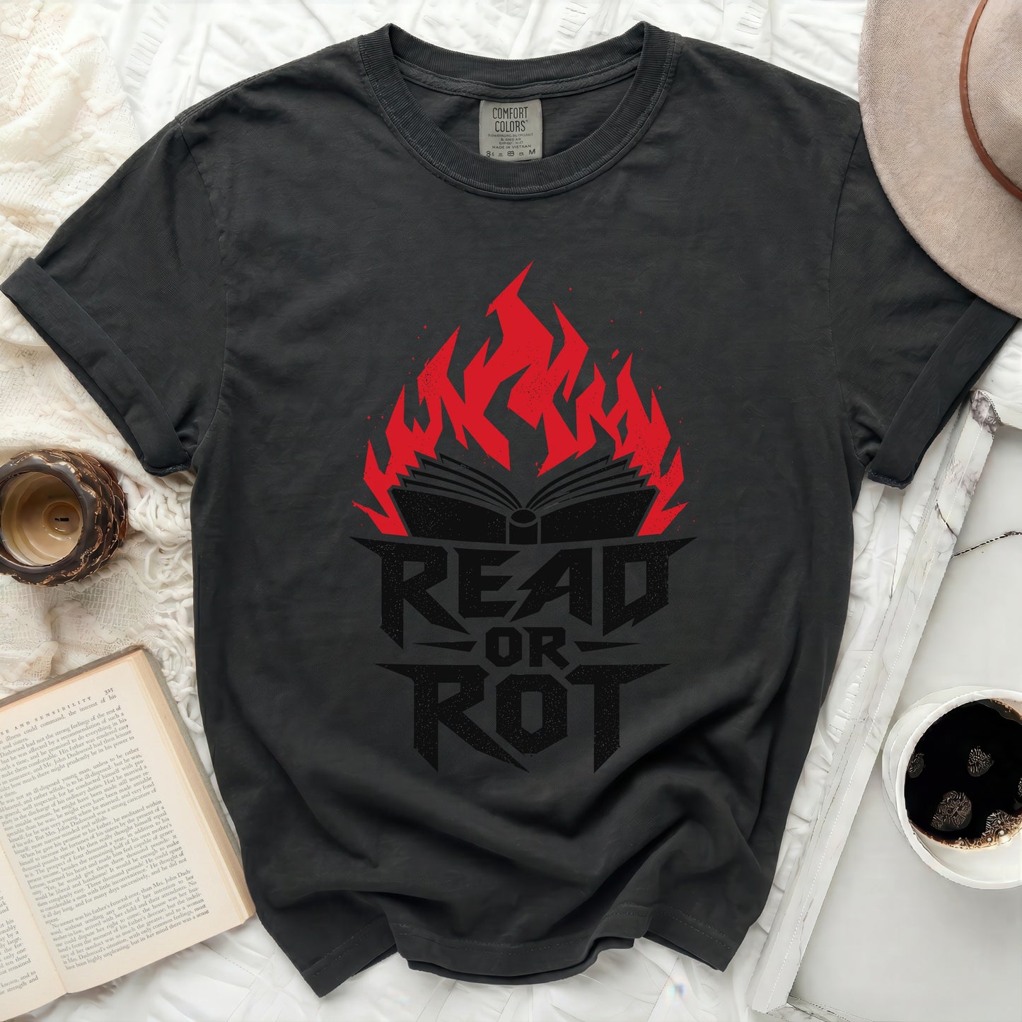 Black t-shirt with red flames engulfing an open book with "READ OR ROT" text.