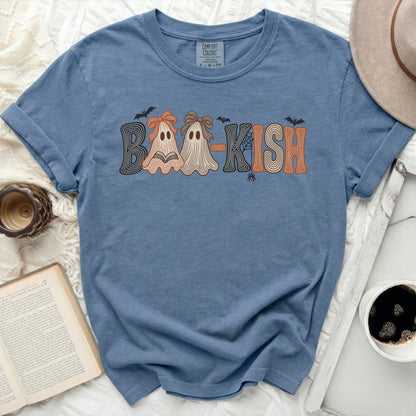 Blue t-shirt with "Boo-Kish" Halloween ghosts design and bats.