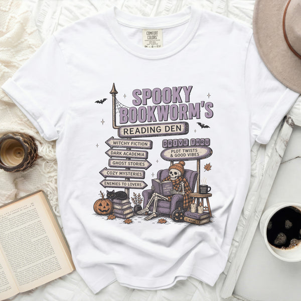 Spooky Bookworm's Den Tee in White