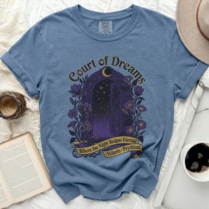 Blue shirt with "Court of Dreams" and night sky gate design.