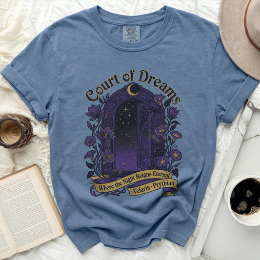 Blue shirt with "Court of Dreams" and night sky gate design.