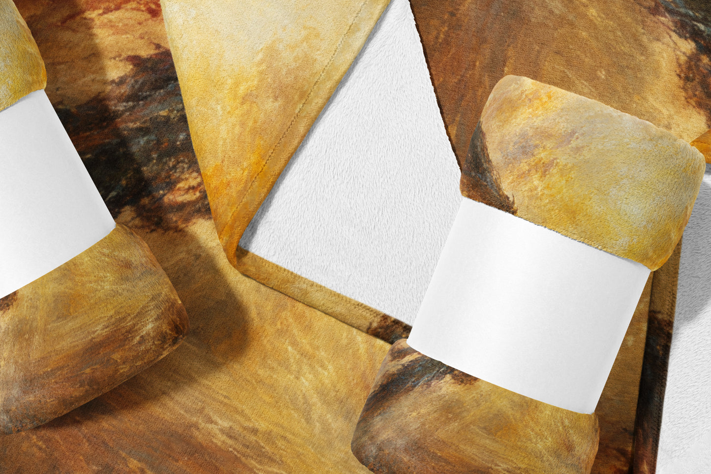 Rolled blankets with white band labels, abstract brown and yellow print.