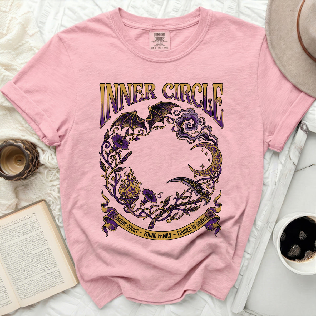 Pink t-shirt with "Inner Circle" and "Night Court - Found Family - Forged in Darkness" text.