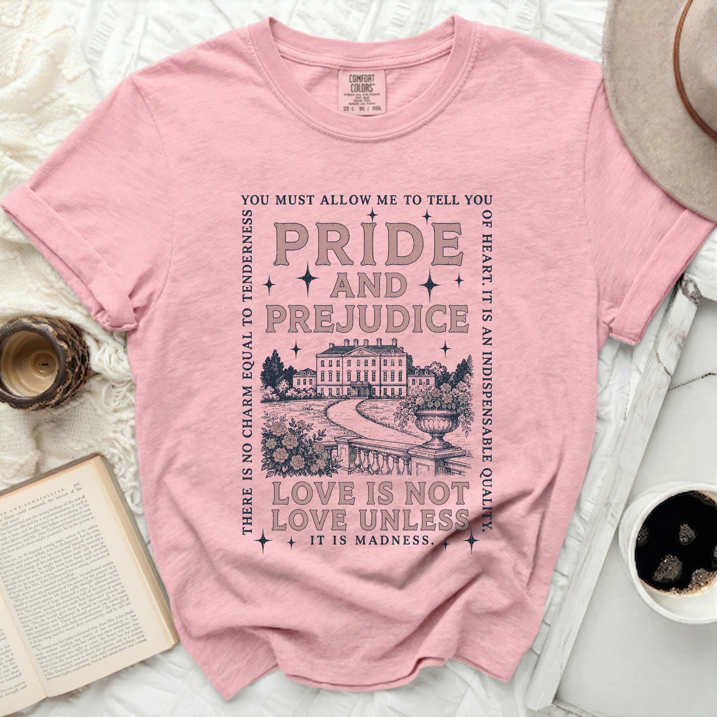 Pink t-shirt with Pride and Prejudice quote and illustration.