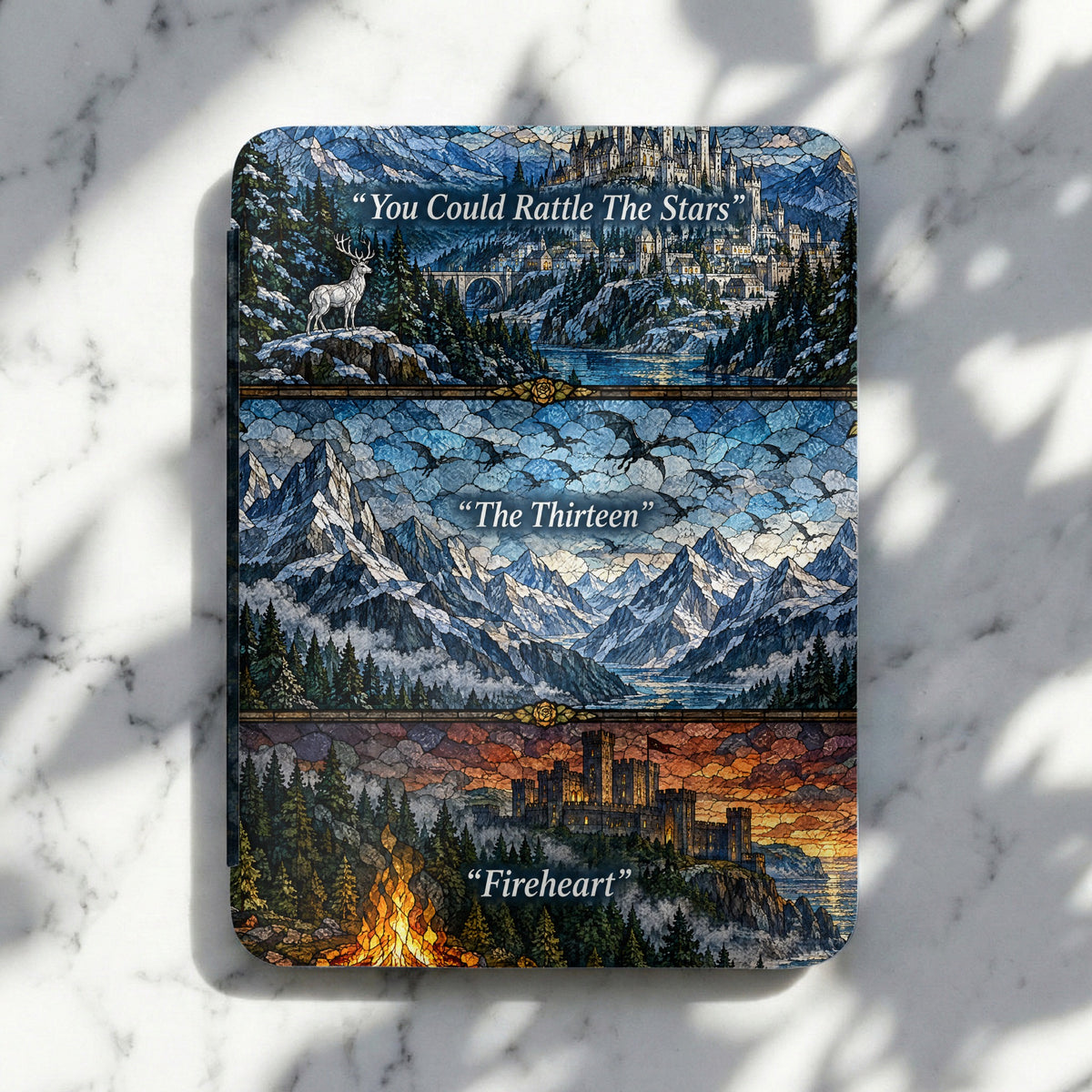 Stained glass style e-reader cover featuring three fantasy landscape panels with quotes and a marble background.