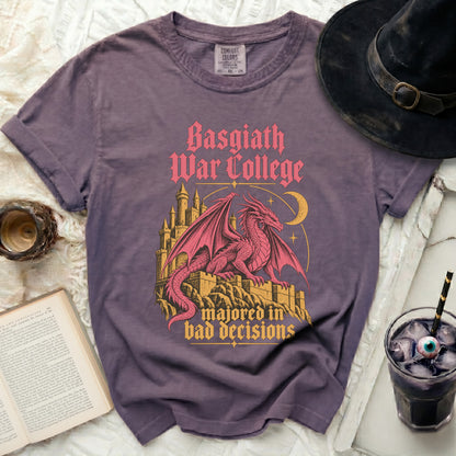 Purple t-shirt with dragon and castle graphic: Basgiath War College majored in bad decisions.