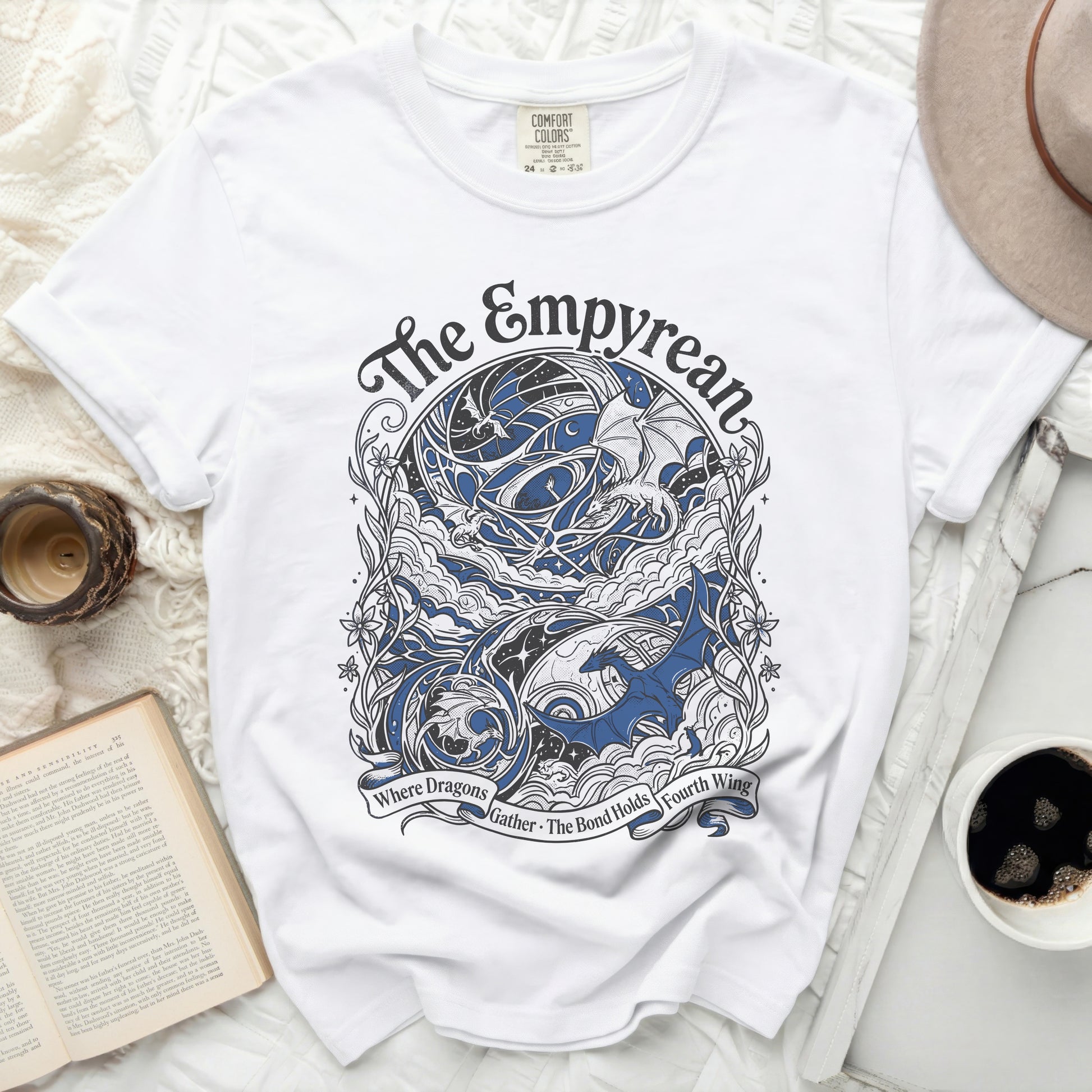 White t-shirt with "The Empyrean" and dragon design, "Where Dragons Gather" text.