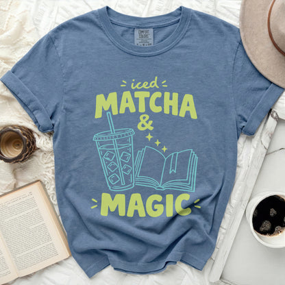 Blue Comfort Colors t-shirt with "iced Matcha & Magic" text and graphics.