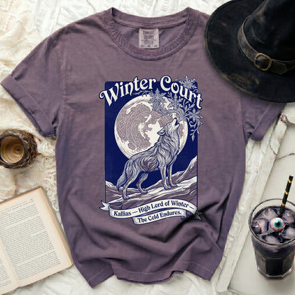 Purple Comfort Colors t-shirt with howling wolf and moon graphic and "Winter Court Kallias" text.