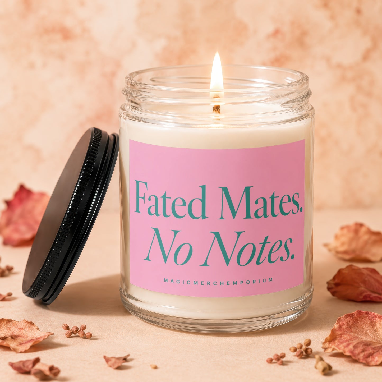 Candle with pink label that reads "Fated Mates. No Notes."