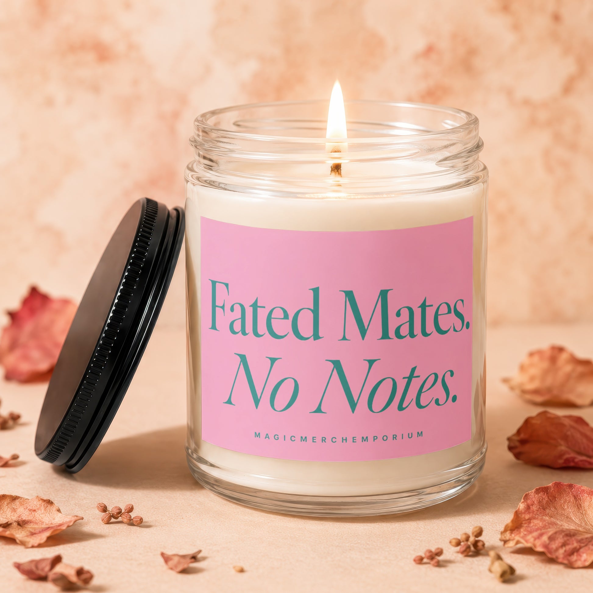 Candle with pink label that reads "Fated Mates. No Notes."