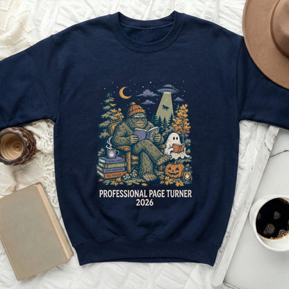 Bigfoot and ghost read books as UFO abducts cow. "PROFESSIONAL PAGE TURNER 2026" text.