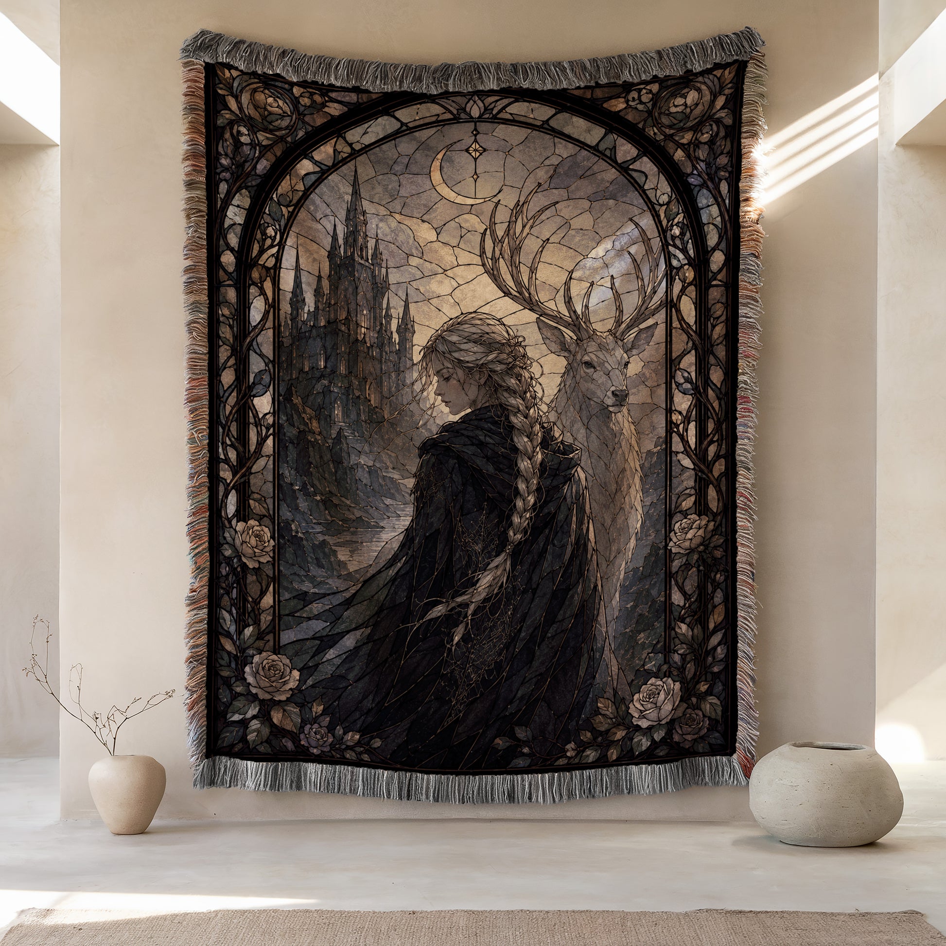 a large tapestry hanging on a wall, depicting a woman with long braided hair standing next to a deer. The tapestry is framed by an ornate border and has a dark, moody color scheme. There are two small vases placed on either side of the tapestry, and the overall composition creates a sense of balance and harmony.