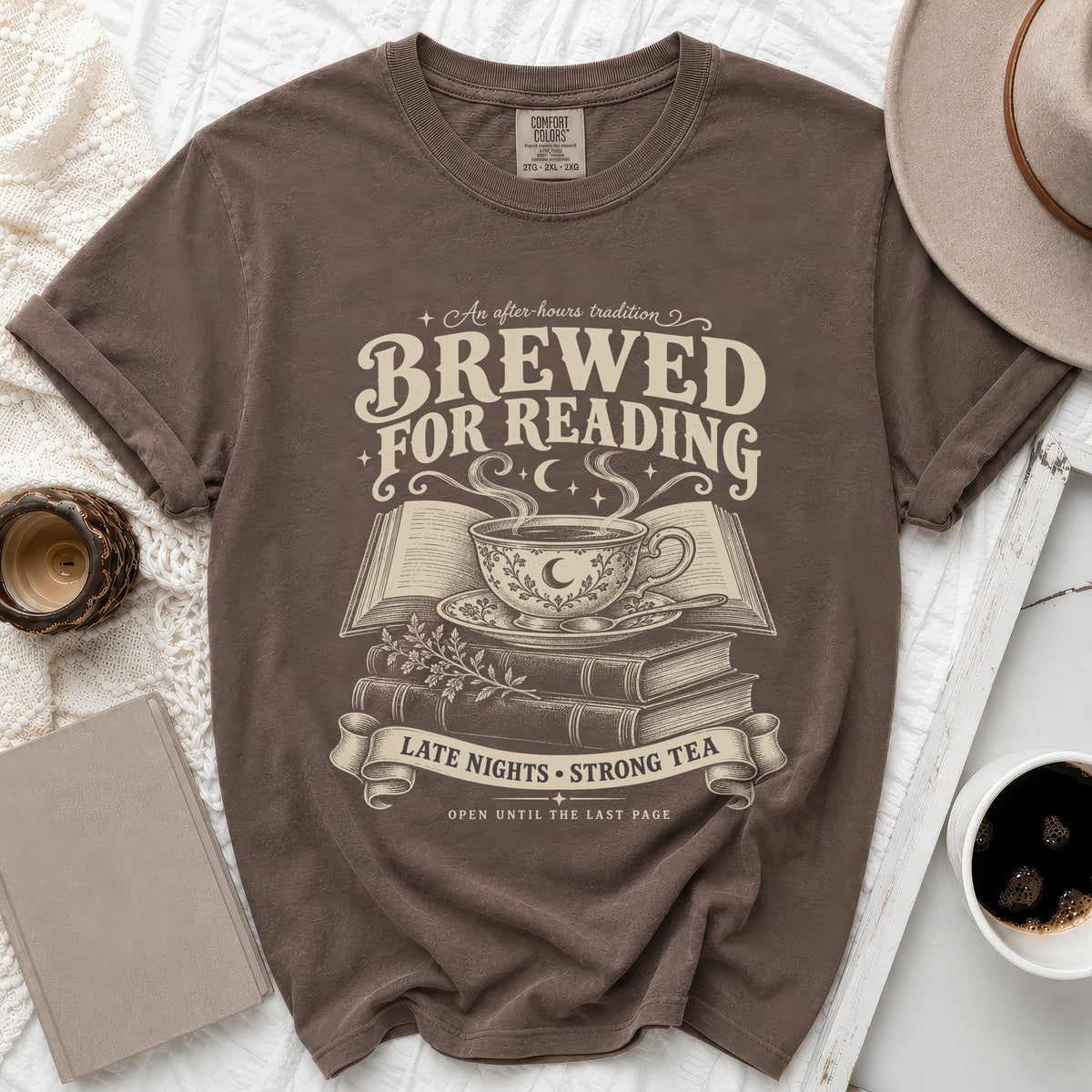 Brown t-shirt with "Brewed for Reading" graphic featuring a cup of tea on books.