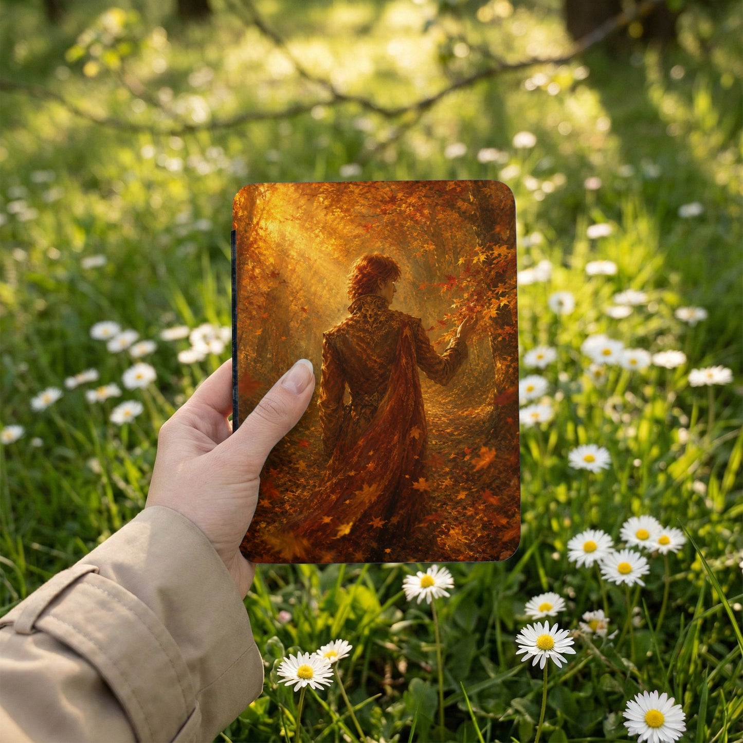 Hand holds a tablet with fantasy art of a man in an autumn forest.