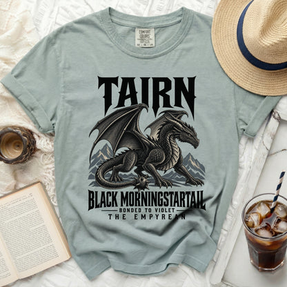 T-shirt with black dragon graphic and text "TAIRN BLACK MORNINGSTARTAIL THE EMPYREAN".