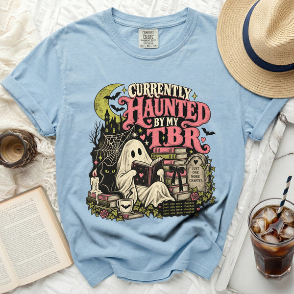 Haunted TBR Cat Tee in Chambray