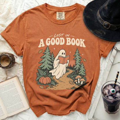 Ghost reading a book in a forest with text "Lost in a Good Book".