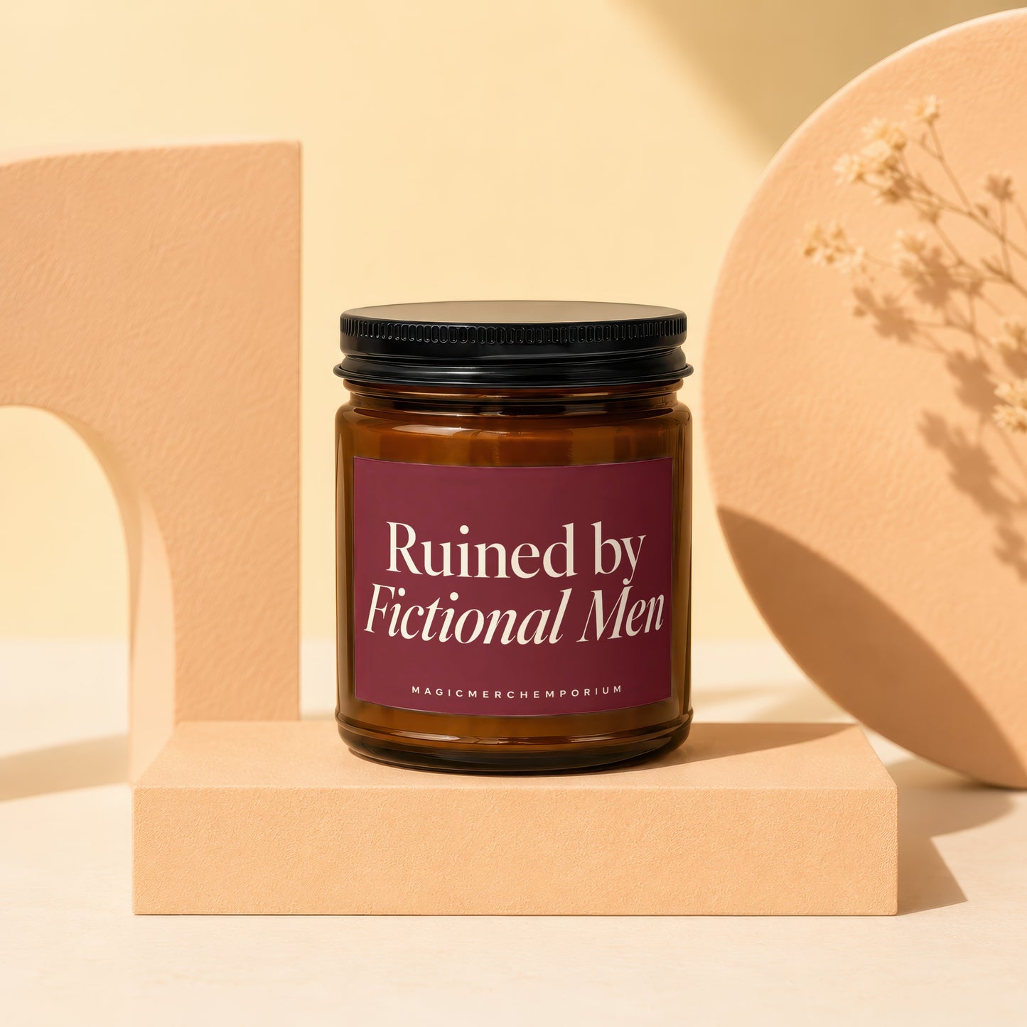 Brown glass jar candle with "Ruined by Fictional Men" label.