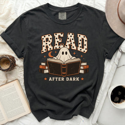 Ghost reading a book with "READ AFTER DARK" text on a t-shirt.
