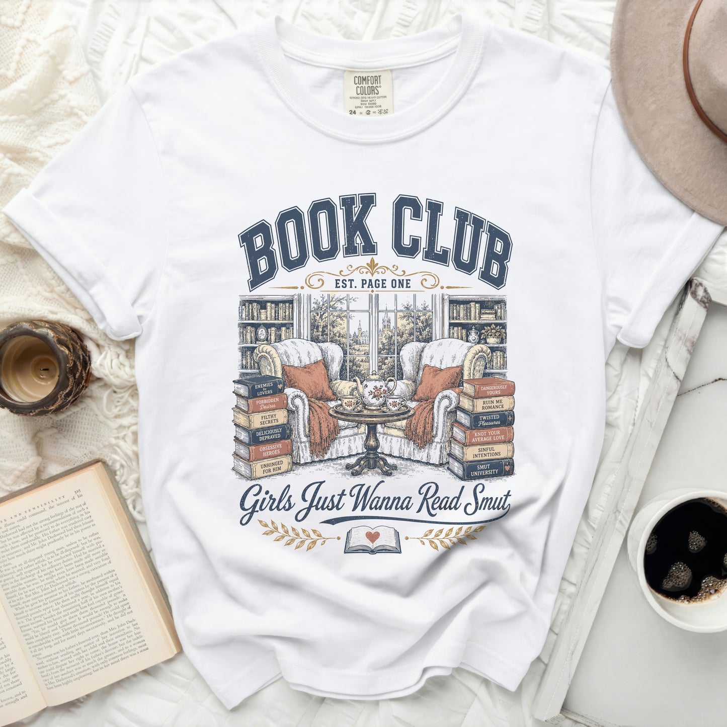 T-shirt with "Book Club" and "Girls Just Wanna Read Smut" text.