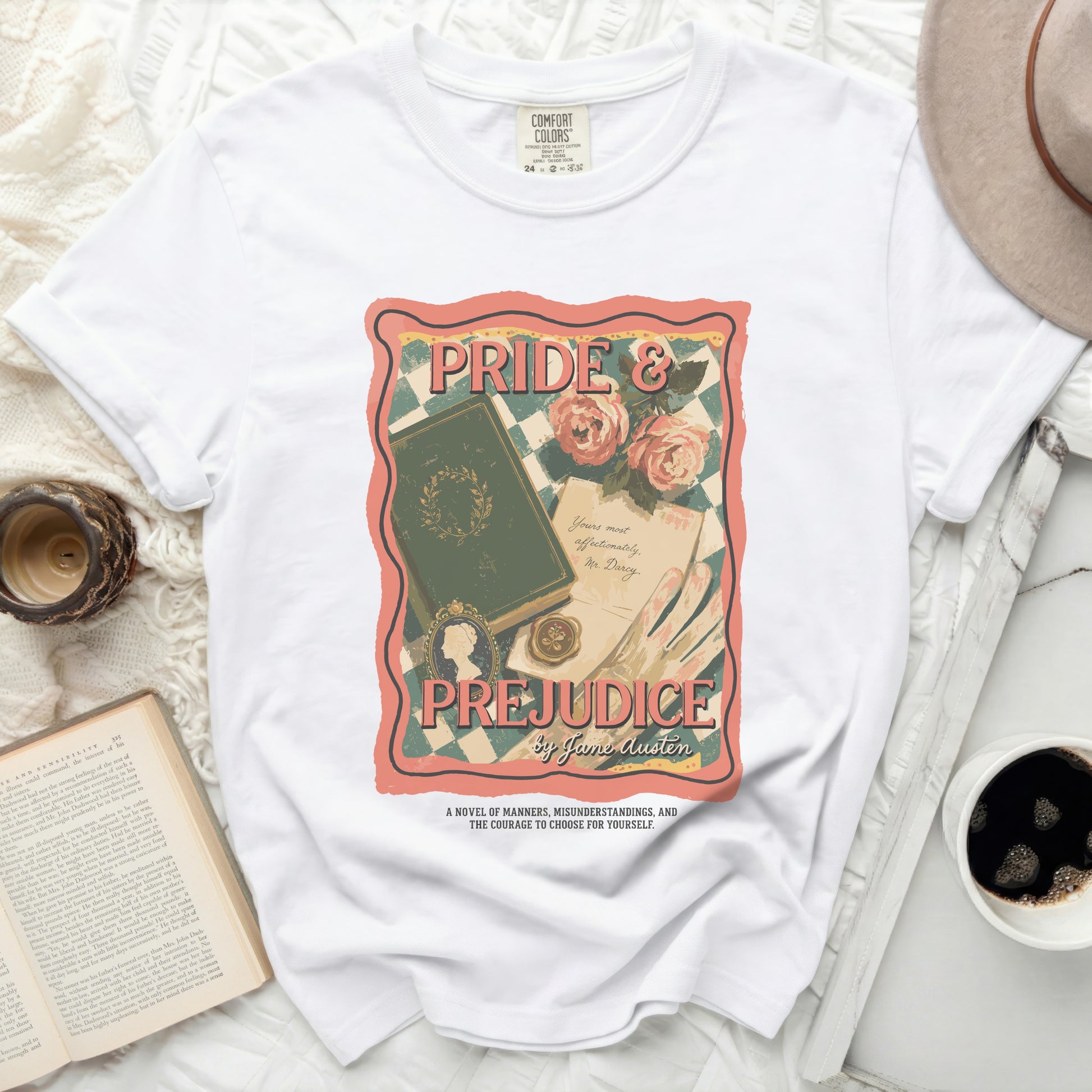 White t-shirt with Pride & Prejudice book cover design by Jane Austen.