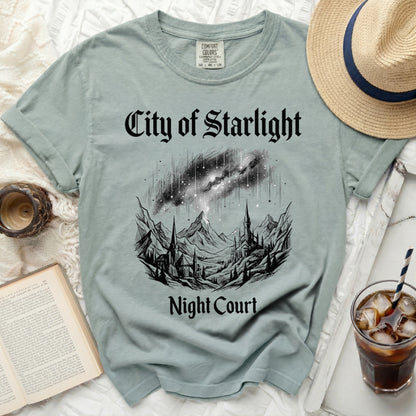 Light blue t-shirt with "City of Starlight Night Court" graphic.